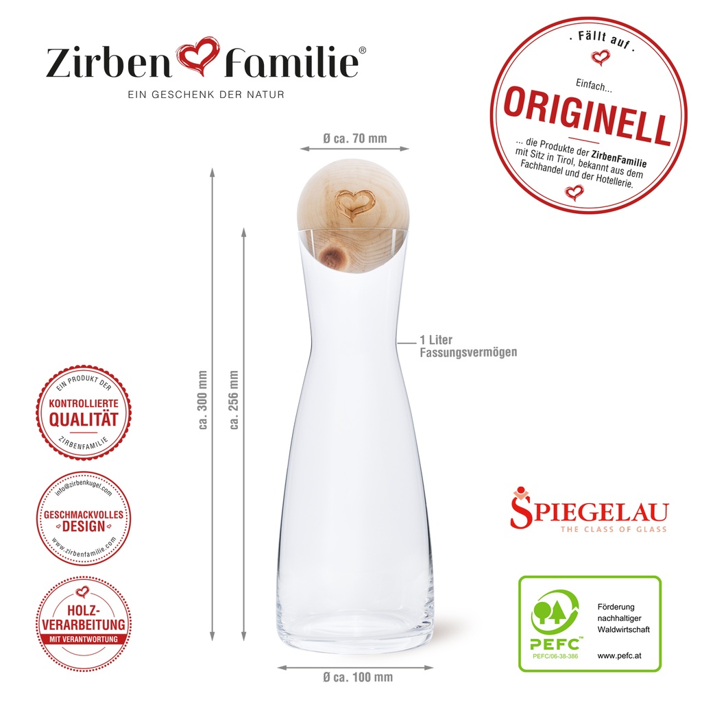 Zirbenkugel Wasserkaraffe Herz Edition Zirbenfamilie