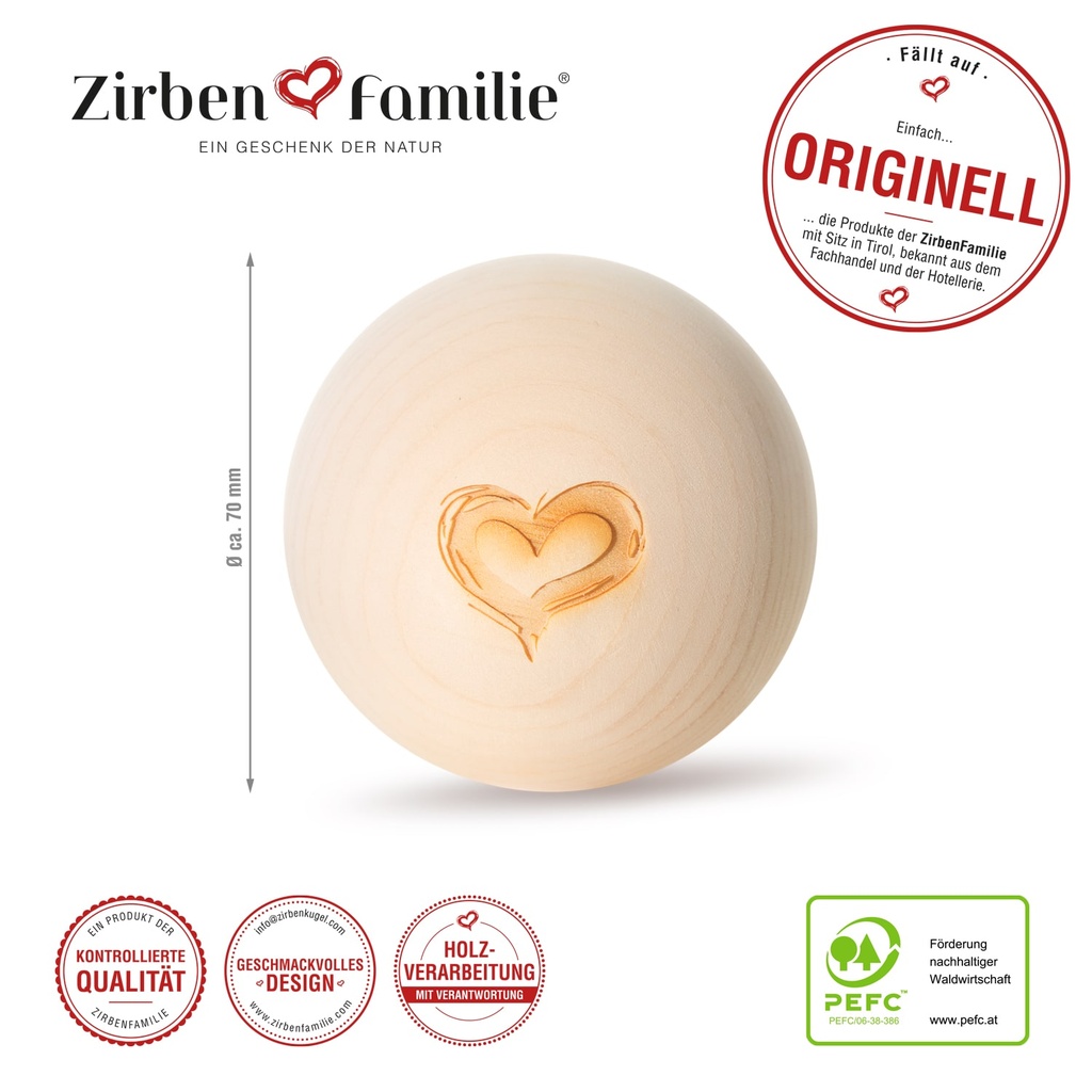 Zirbenkugel einzeln Herz-Edition Zirbenfamilie