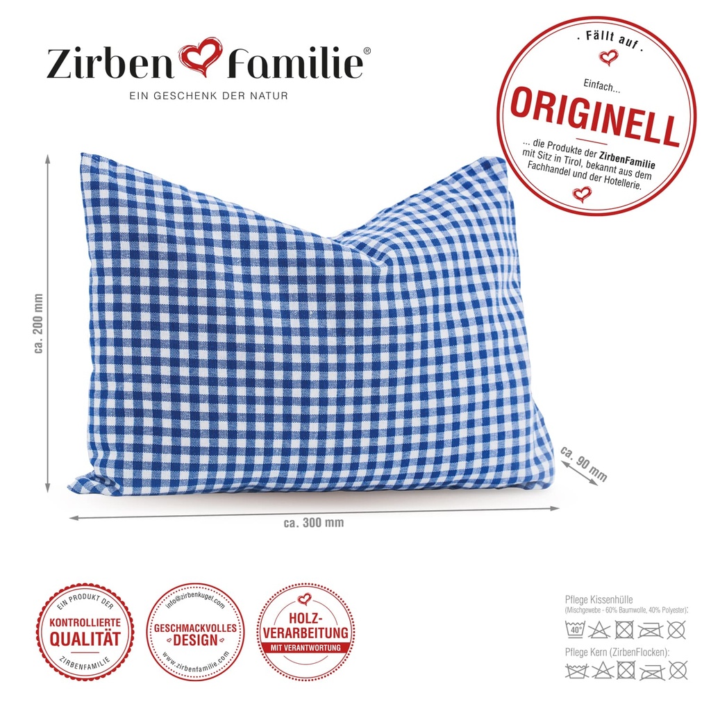 Zirbenkissen Karo 20 x 30cm Blau Zirbenfamilie