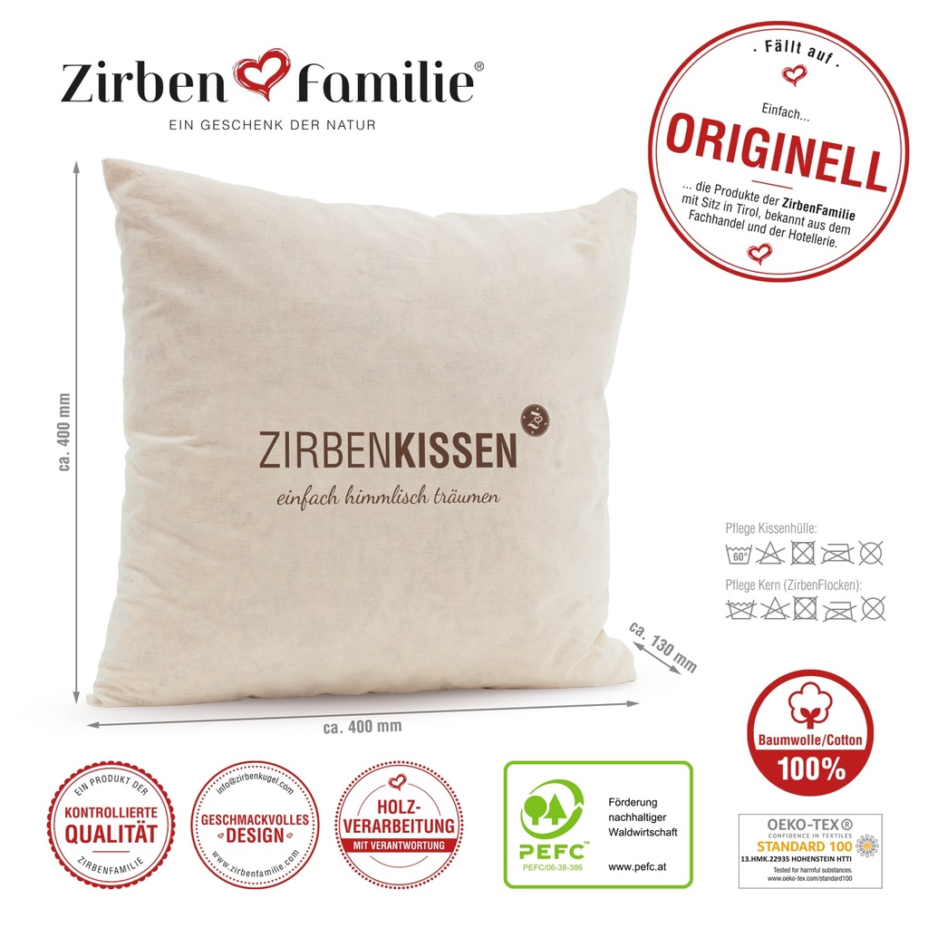 Zirbenkissen 40 x 40cm "einfach himmlisch träumen" Zirbenfamilie