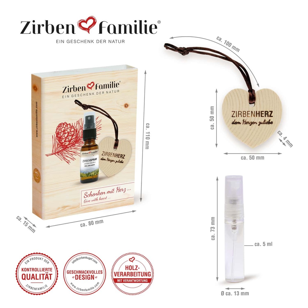 Zirbenherz-Anhängerset mit Zirbenspray 5ml Zirbenfamilie