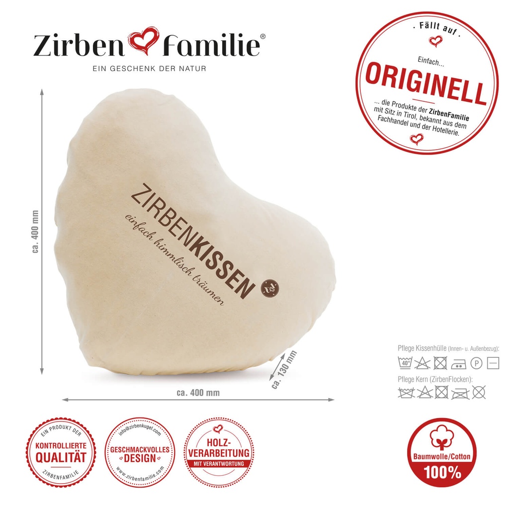 Herz Zirbenkissen 40 x 40cm Natur Zirbenfamilie