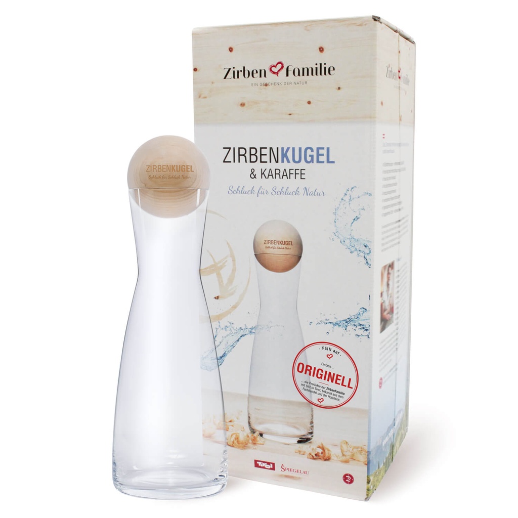 [1099] Zirbenkugel Wasserkaraffe "Schluck für Schluck Natur" Spiegelau Set Zirbenfamilie