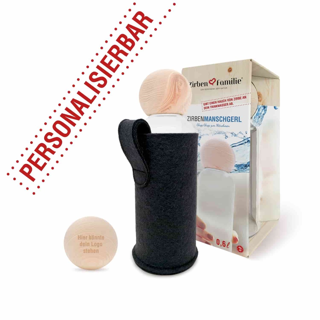 Personalisiert - ZirbenManschgerl Trinkflasche 0,6 Liter mit Wunschgravur + Filztasche GRATIS