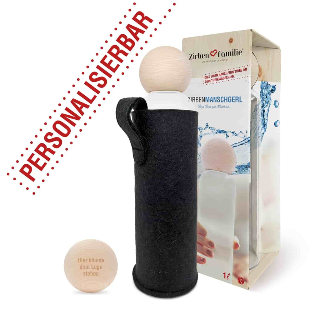 Personalisiert - ZirbenManschgerl Trinkflasche 1 Liter mit Wunschgravur + Filztasche GRATIS 